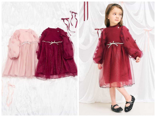 日本童裝 apres les cours 花花圖案薄紗連身裙 80-130cm 女童款 秋季 DRESSES 聖誕紅/新年紅