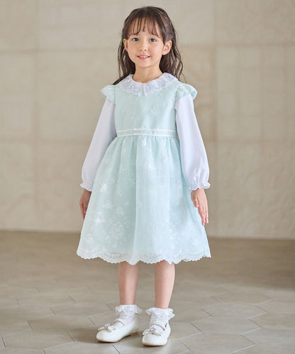 日本童裝 aF#a325 刺繡花卉短袖連身裙 110-130cm 女童款 冬季 DRESSES 面試/宴會/表演