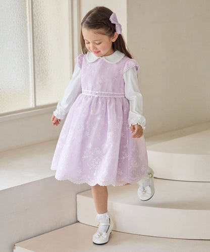 日本童裝 aF#a325 刺繡花卉短袖連身裙 110-130cm 女童款 冬季 DRESSES 面試/宴會/表演