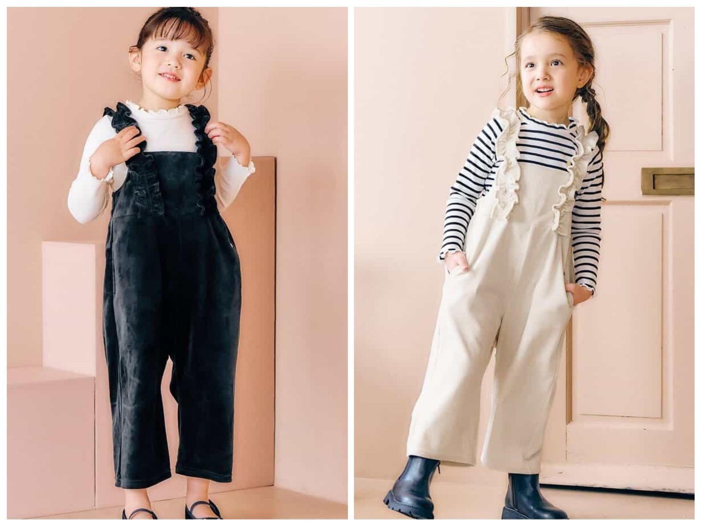 日本童裝 apres les cours 天鵝絨荷葉邊工裝褲 90-140cm 女童款 秋季 Jumpsuit