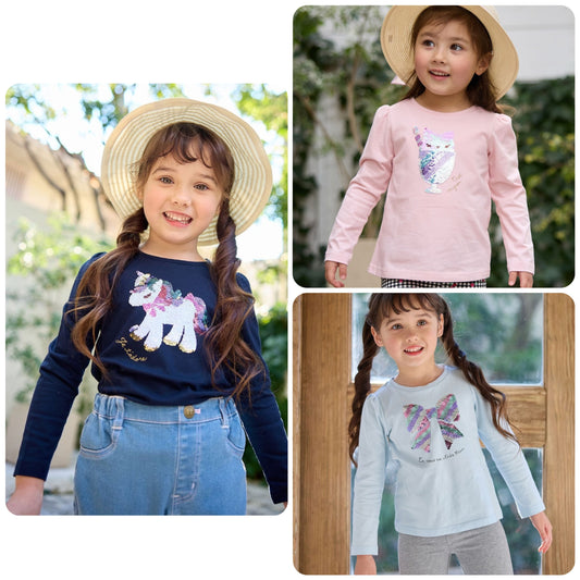 Japanese children's clothing aF#a325 double-sided sequined print top 100-140cm girls summer TOPS 