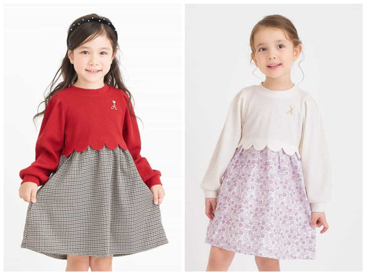 日本童裝 apres les cours 扇貝拼接連身裙 80-140cm 女童款 秋季 DRESSES 聖誕紅/新年紅