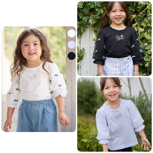 Japanese children's clothing aF#a325 Bow Puff Sleeve Top 110-160cm Girls Summer TOPS 