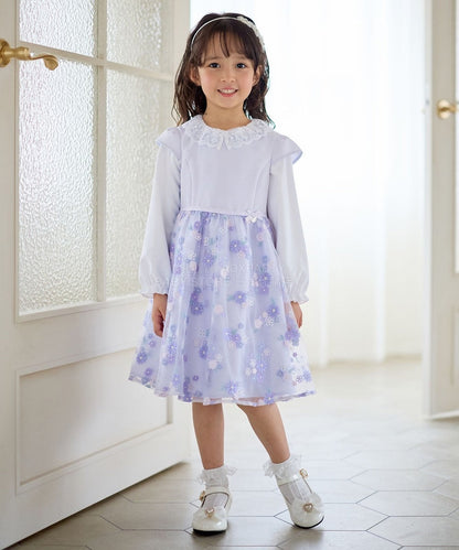 日本童裝 aF#a325 刺繡花卉短袖連身裙 110-130cm 女童款 冬季 DRESSES 面試/宴會/表演