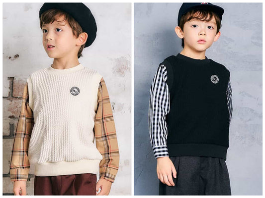 日本童裝 apres les cours 假兩件格仔上衣 80-130cm 男童款 秋季 TOPS