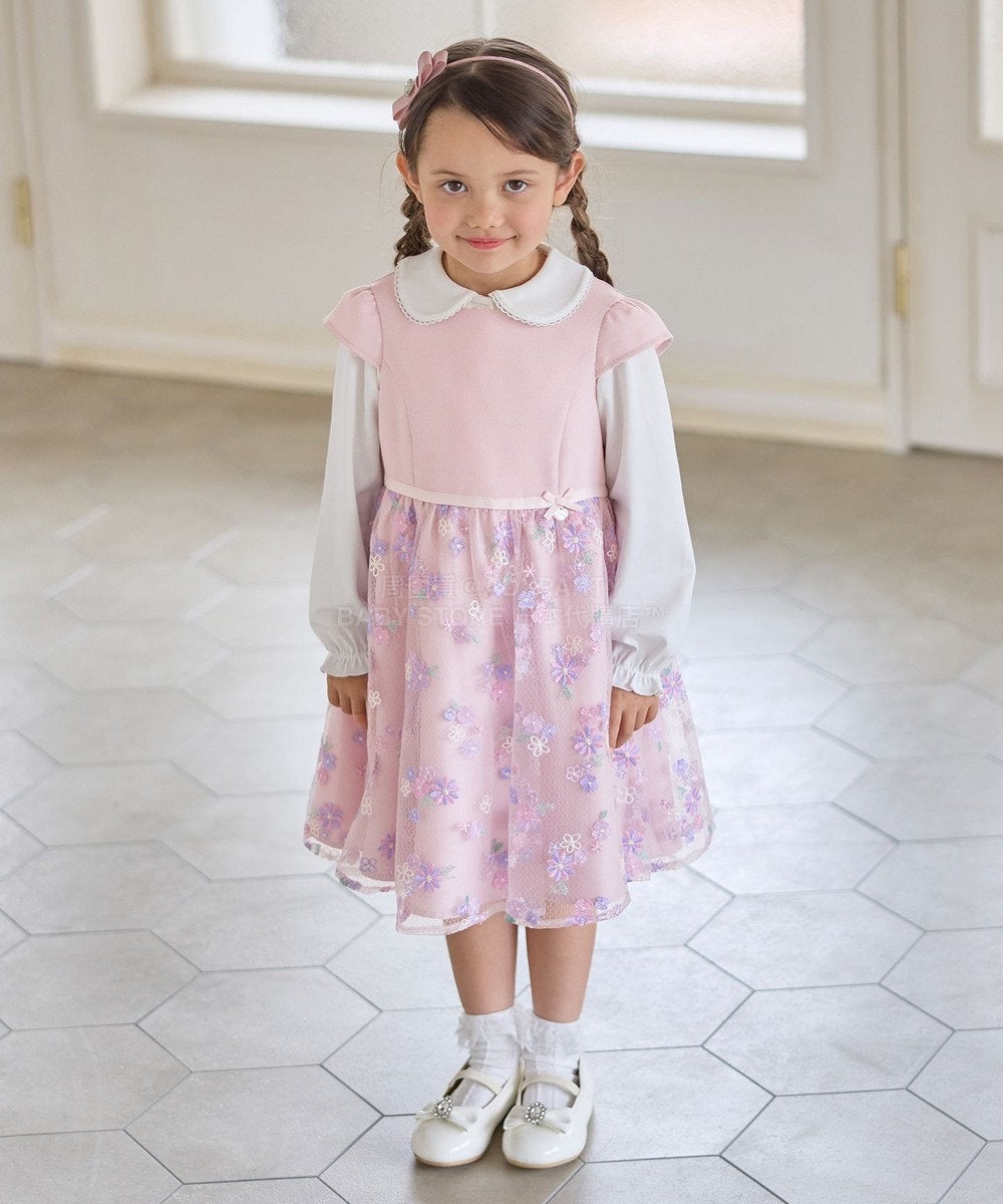 日本童裝 aF#a325 刺繡花卉短袖連身裙 110-130cm 女童款 冬季 DRESSES 面試/宴會/表演