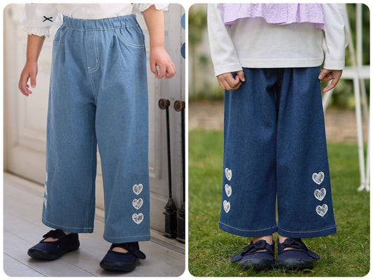 Japanese children's clothing aF#a325 Heart-shaped denim wide-leg pants 110-160cm girls' summer PANTS 