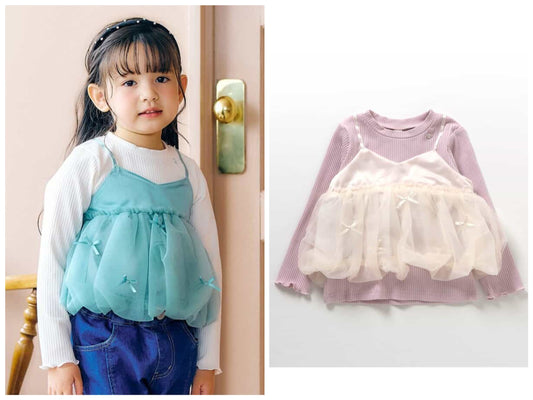 日本童裝 apres les cours 假兩件薄紗上衣 80-140cm 女童款 秋季 TOPS