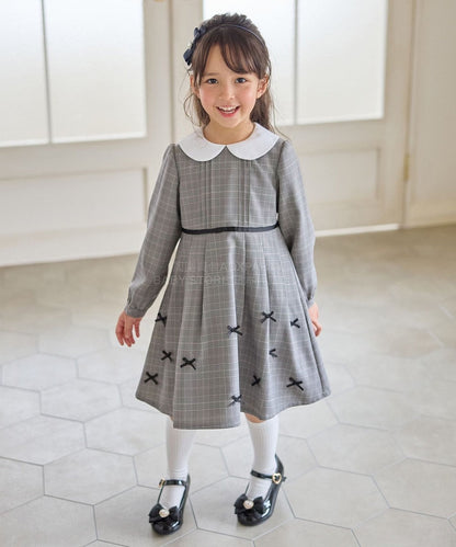 日本童裝 aF#a325  領口緞帶長袖連身裙 110-130cm 女童款 冬季 DRESSES 面試/宴會/表演