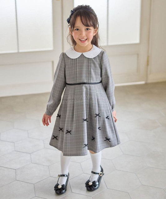 日本童裝 aF#a325  領口緞帶長袖連身裙 110-130cm 女童款 冬季 DRESSES 面試/宴會/表演