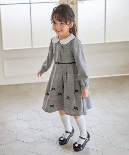 日本童裝 aF#a325  領口緞帶長袖連身裙 110-130cm 女童款 冬季 DRESSES 面試/宴會/表演