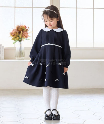 日本童裝 aF#a325  領口緞帶長袖連身裙 110-130cm 女童款 冬季 DRESSES 面試/宴會/表演
