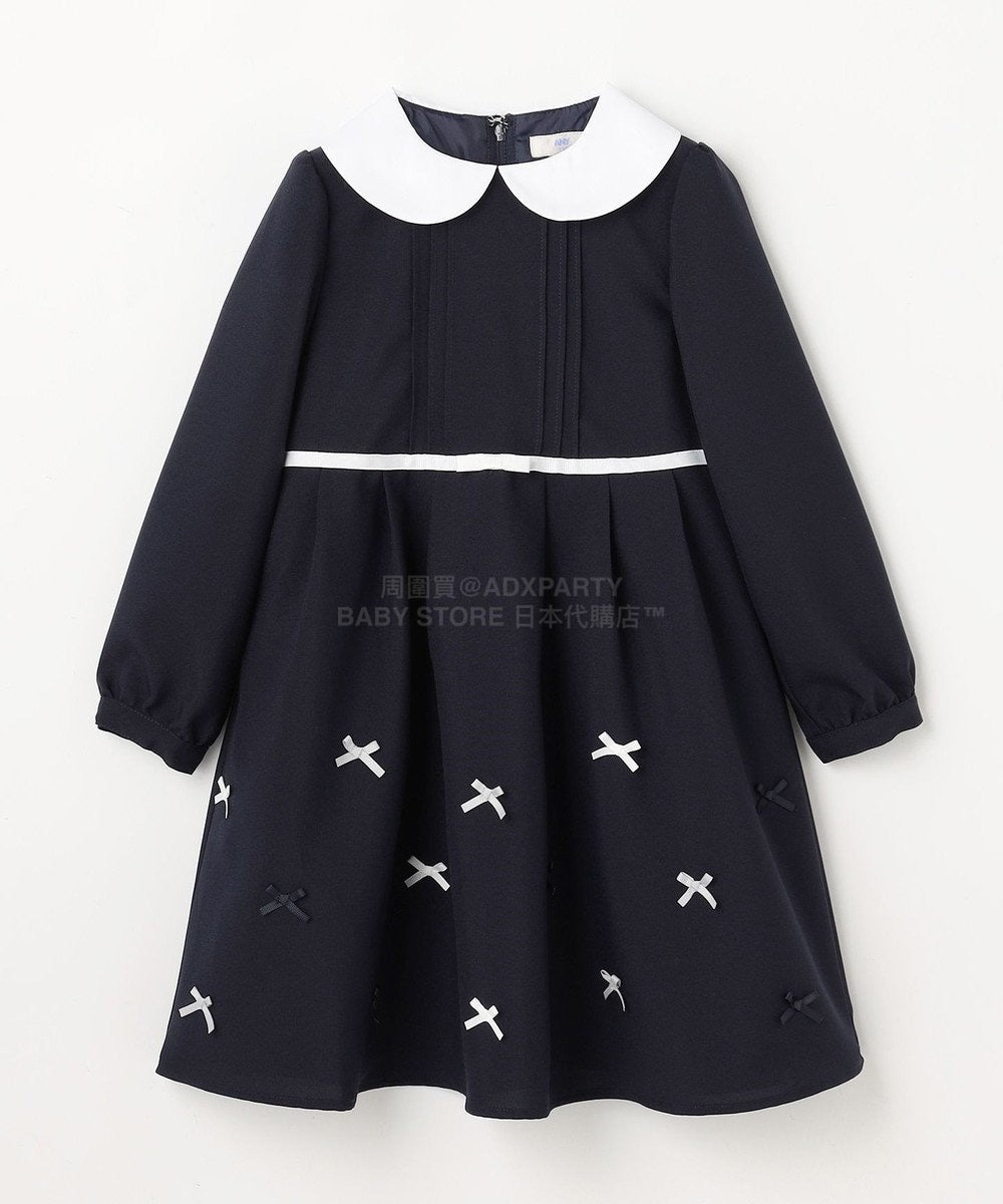 日本童裝 aF#a325  領口緞帶長袖連身裙 110-130cm 女童款 冬季 DRESSES 面試/宴會/表演