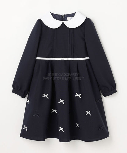 日本童裝 aF#a325  領口緞帶長袖連身裙 110-130cm 女童款 冬季 DRESSES 面試/宴會/表演