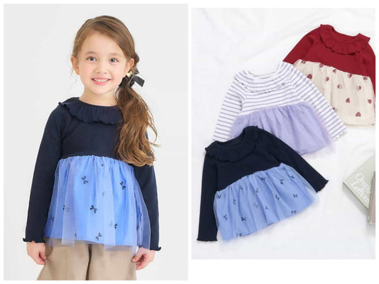 日本童裝 apres les cours 網紗拼接上衣 80-140cm 女童款 秋季 TOPS 聖誕紅/新年紅