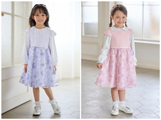 日本童裝 aF#a325 刺繡花卉短袖連身裙 110-130cm 女童款 冬季 DRESSES 面試/宴會/表演