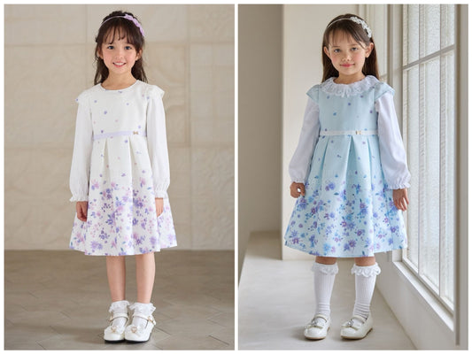 日本童裝 aF#a325 花花印花短袖連身裙 110-130cm 女童款 冬季 DRESSES 面試/宴會/表演