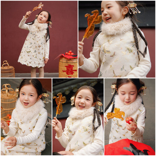 新年童裝 蝶影浮光背心旗袍裙 90-150cm 女童款 新年中式華服唐裝 新春馬年 2026年 AAA