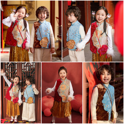 新年童裝 紋影鎏裳/星河鯉夢背心 90-150cm 男童款/女童款 新年中式華服唐裝 新春馬年 2026年 AAA