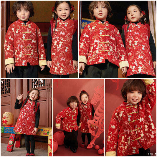 新年童裝 雲錦逐鯉唐裝外套/背心旗袍裙 90-150cm 男童款/女童款 新年中式華服唐裝 新春馬年 2026年 AAA