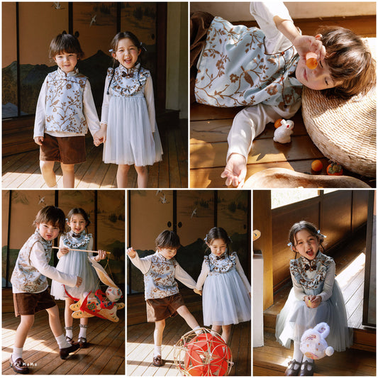 新年童裝 蘭若榴色唐裝背心/旗袍網紗背心裙 90-150cm 男童款/女童款 新年中式華服唐裝 新春馬年 2026年 AAA