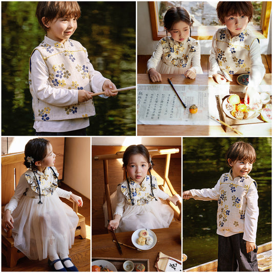 新年童裝 月珠藍田唐裝背心/旗袍網紗背心裙 90-150cm 男童款/女童款 新年中式華服唐裝 新春馬年 2026年 AAA