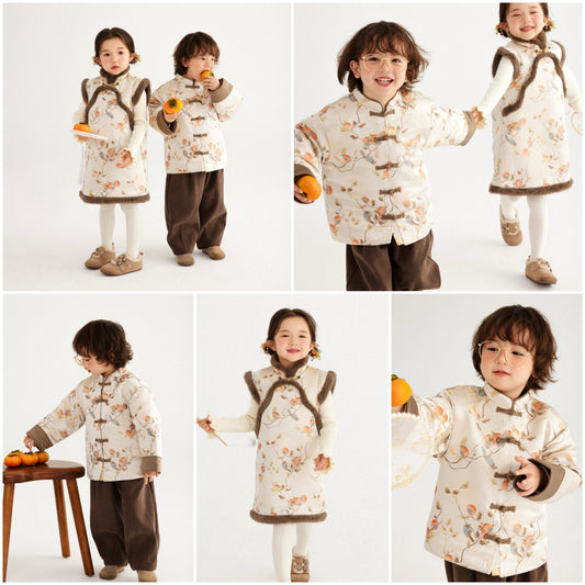新年童裝 柿柿如意唐裝外套/旗袍背心裙 90-150cm 男童款/女童款 新年中式華服唐裝 新春馬年 2026年 AAA