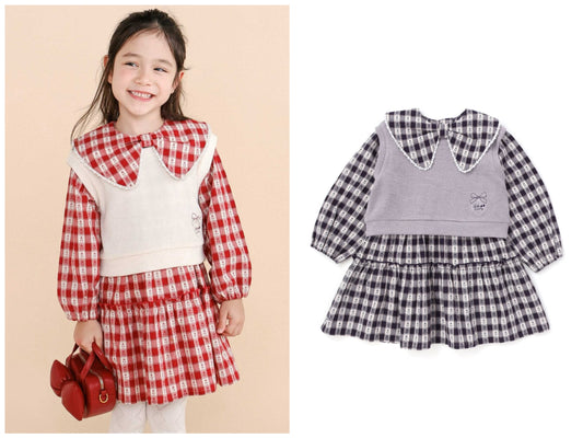日本童裝  SLAP SLIP 針織背心＋大領格紋連身裙 90-130cm 女童款 秋季 DRESSES TOPS 聖誕紅/新年紅