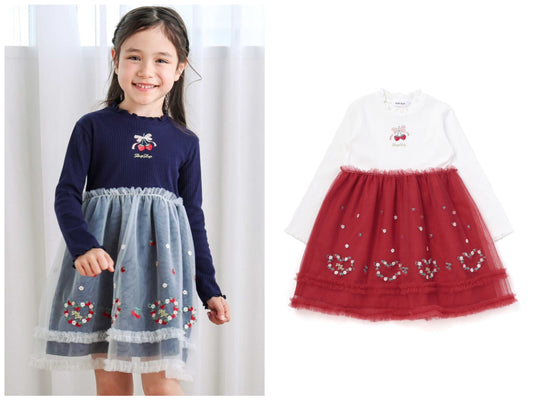 日本童裝  SLAP SLIP 士多啤梨刺繡薄紗連身裙 80-130cm 女童款 秋季 DRESSES 聖誕紅/新年紅
