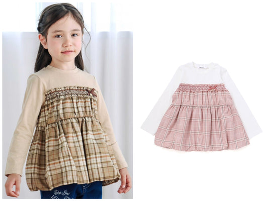 日本童裝  SLAP SLIP 格紋拼接上衣 80-130cm 女童款 秋季 TOPS