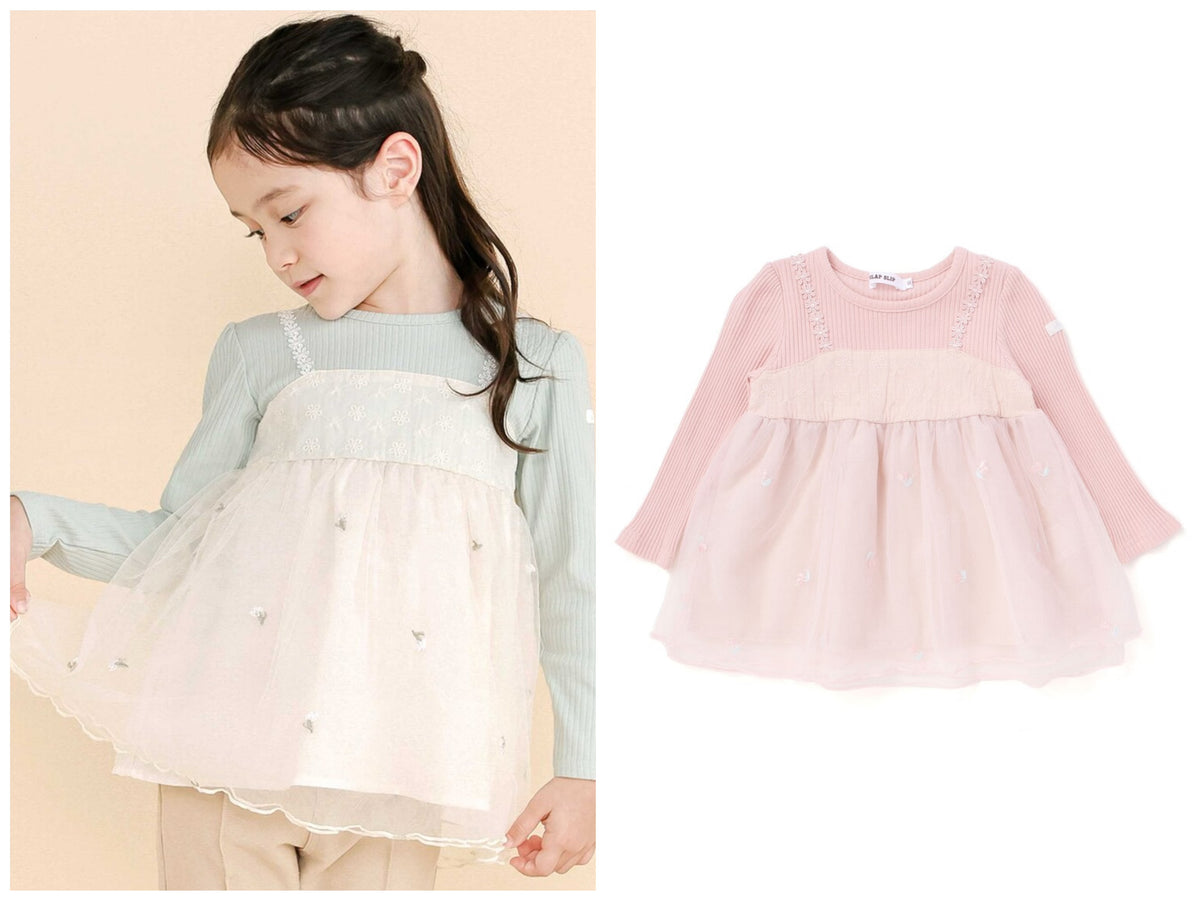 日本童裝  SLAP SLIP 薄紗拼接羅紋長袖上衣 80-130cm 女童款 秋季 TOPS