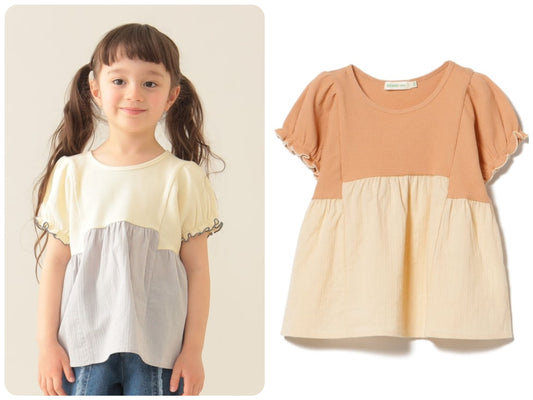 Japanese children's clothing BEAMS mini puff sleeve patchwork top 90-150cm girls summer TOPS 