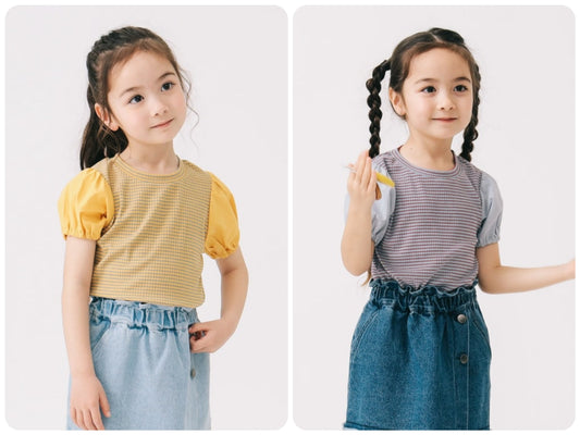 Japanese children's clothing B:MING by BEAMS puff sleeve top 100-140cm girls summer TOPS 