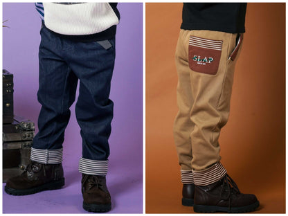 日本童裝  SLAP SLIP 撞色斜紋薄抓毛長褲 80-130cm 男童款 冬季 PANTS