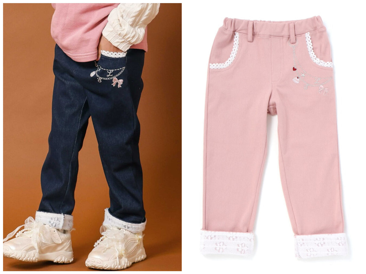 日本童裝  SLAP SLIP 刺繡圖案薄抓毛長褲 80-130cm 女童款 冬季 PANTS