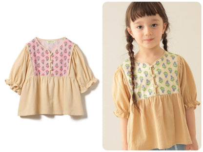 Japanese children's clothing BEAMS mini ethnic style floral top 90-150cm girls summer TOPS 