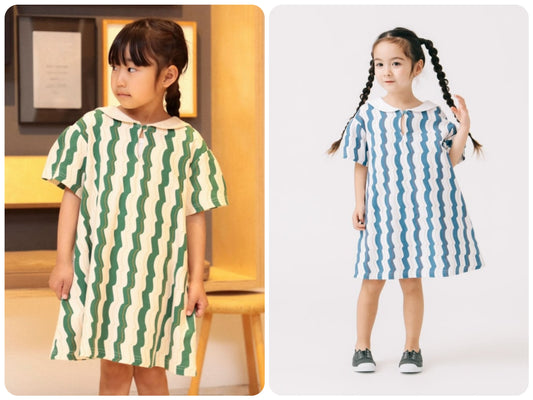Japanese children's clothing B:MING by BEAMS wave pattern sailor collar dress 100-140cm girls summer dresses 