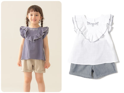 Japanese BEAMS Mini Embroidery Two-Piece Set (90-150cm) for Girls (Summer TOPS PANTS) 