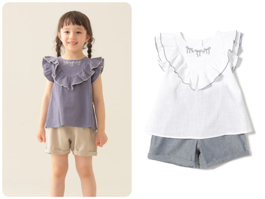 Japanese BEAMS Mini Embroidery Two-Piece Set (90-150cm) for Girls (Summer TOPS PANTS) 