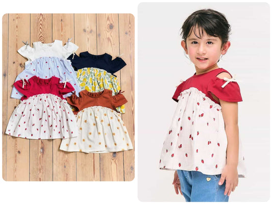 Japanese children's clothing apres les cours contact cool water absorption quick-drying off-the-shoulder patchwork top 80-140cm girls summer TOPS 
