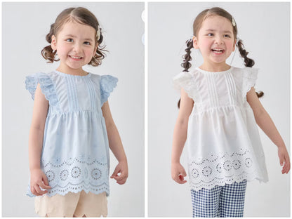 日本童裝 aF#a325 接觸冷感 蕾絲小飛袖刺繡上衣 90-150cm 女童款 夏季 TOPS
