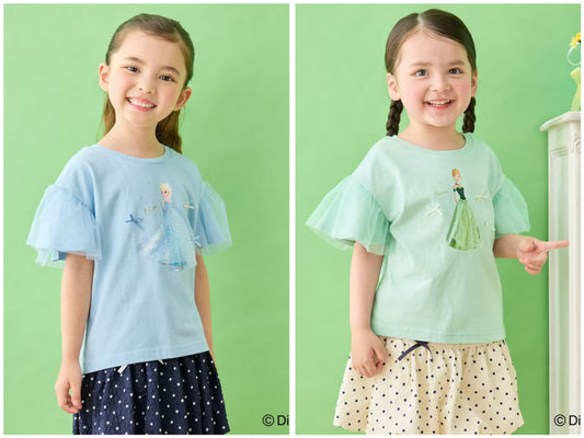 日本童裝 aF#a325 x Disney FROZEN 接觸冷感 薄紗袖印花上衣 90-130cm 女童款 夏季 TOPS