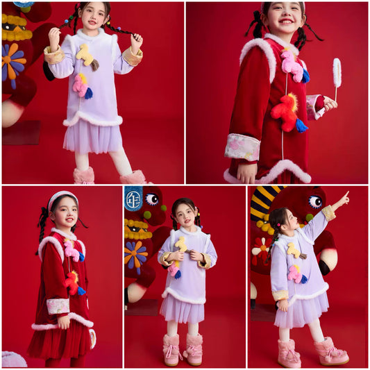 新年童裝 馬到成功絲絨拼紗連身裙 100-150cm 女童款 新年中式華服唐裝 新春馬年 2026年 AAA