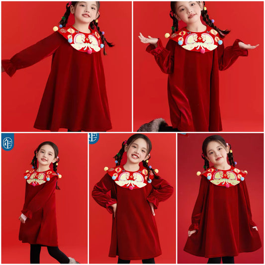 新年童裝 雙星報喜亮絲絨雲肩連身裙 100-150cm 女童款 新年中式華服唐裝 新春馬年 2026年 AAA