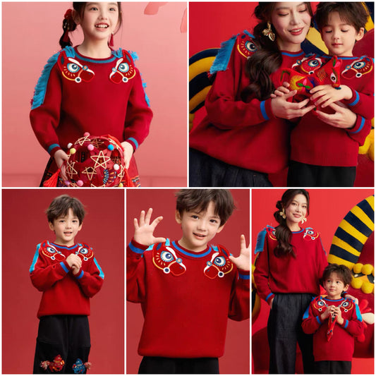 新年童裝 好事成雙馬年毛衣 100-150cm M/L 親子裝 男童款/女童款/大人款 新年中式華服唐裝 新春馬年 2026年 AAA