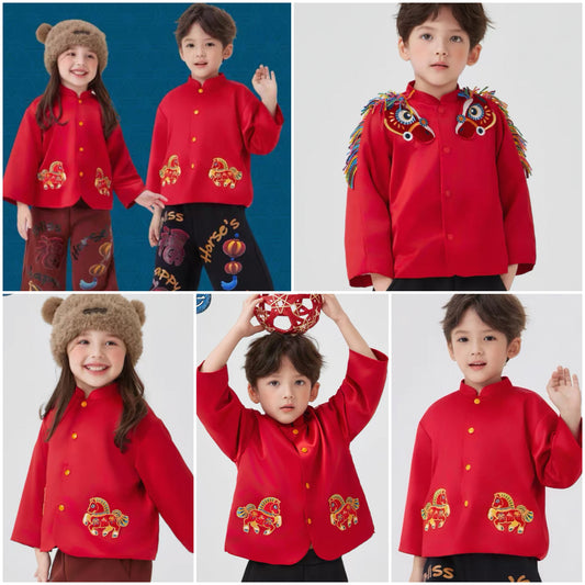 新年童裝 前程似錦抓毛唐裝外套 100-150cm 男童款/女童款 新年中式華服唐裝 新春馬年 2026年 AAA