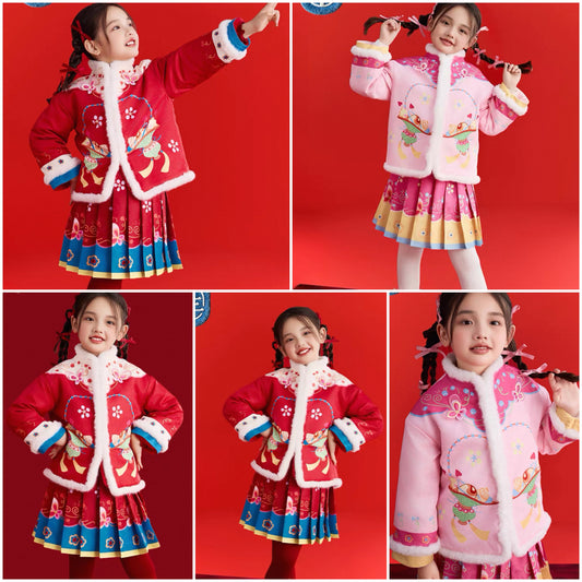 新年童裝 繁花似錦拜年兩件套裝 100-150cm 女童款 新年中式華服唐裝 新春馬年 2026年 AAA