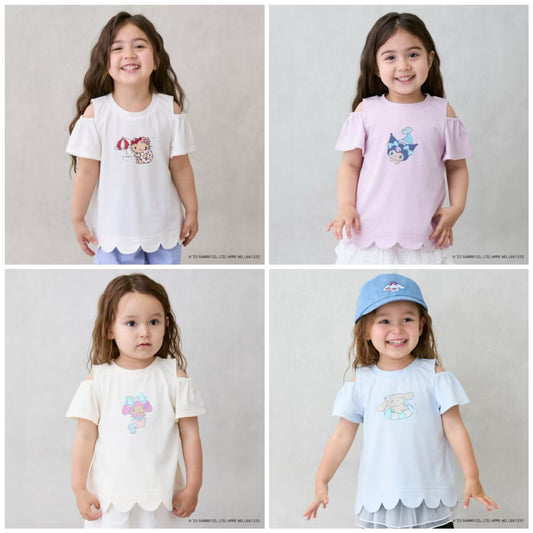 Japanese children's clothing pe#main x Sanrio Sunburn series contact cool off-shoulder lace top 80-130cm girls summer TOPS 