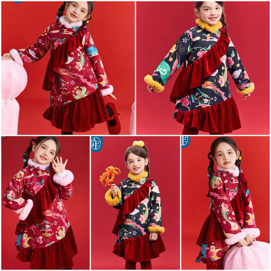 新年童裝 天馬行空抓毛連身裙 100-150cm 女童款 新年中式華服唐裝 新春馬年 2026年 AAA