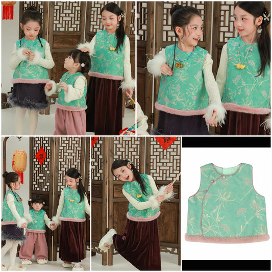 新年童裝 銅雀綠唐裝背心 80-150cm 女童款 新年中式華服唐裝 新春馬年 2026年 AAA
